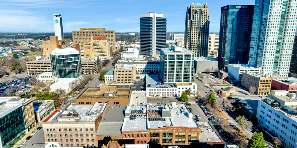 An aerial view of the Birmingham, Alabama skyline near Theatre Lofts