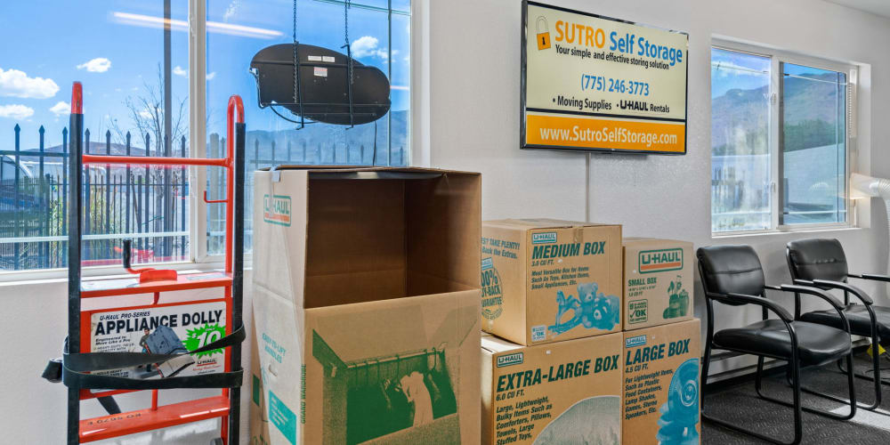 packing supplies by the window at Sutro Self Storage in Dayton, Nevada