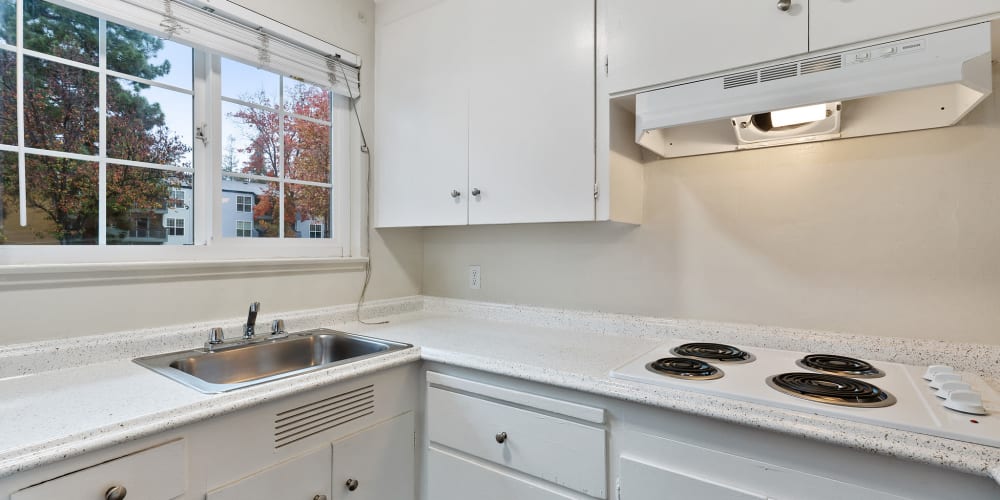 Kitchen with white cabinetry and stainless-steel sink at Parkway Apartments in Fremont, California