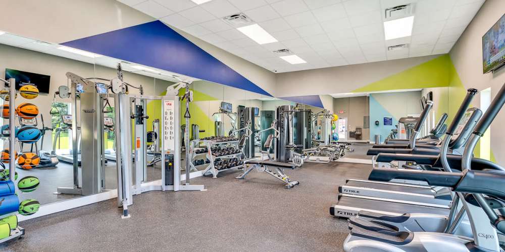 Community fitness center with cardio and free weights at Lakeside Central Apartments in Brandon, Florida