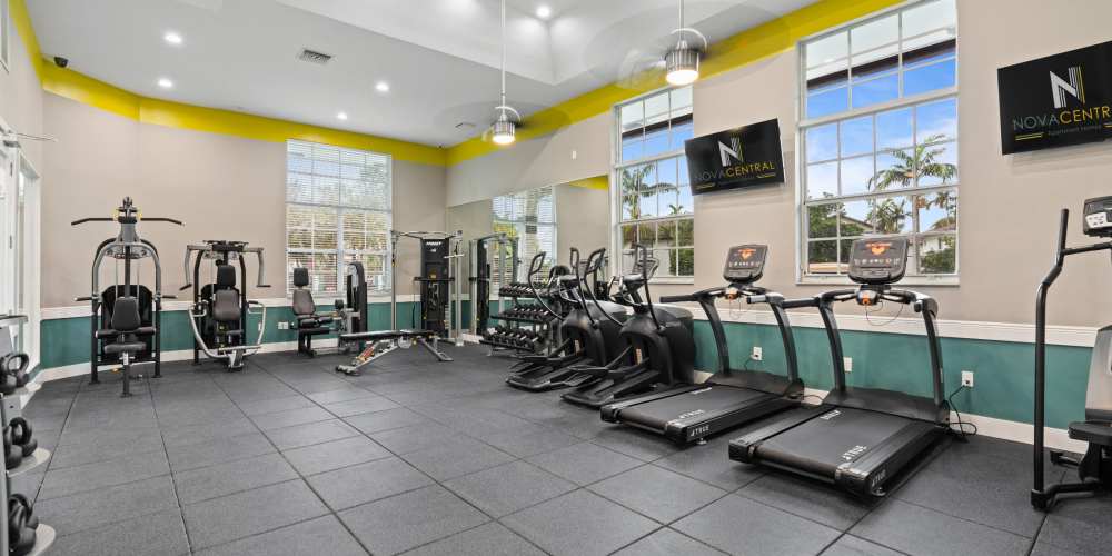 State of the art fitness center with cardio equipment at Nova Central Apartments in Davie, Florida