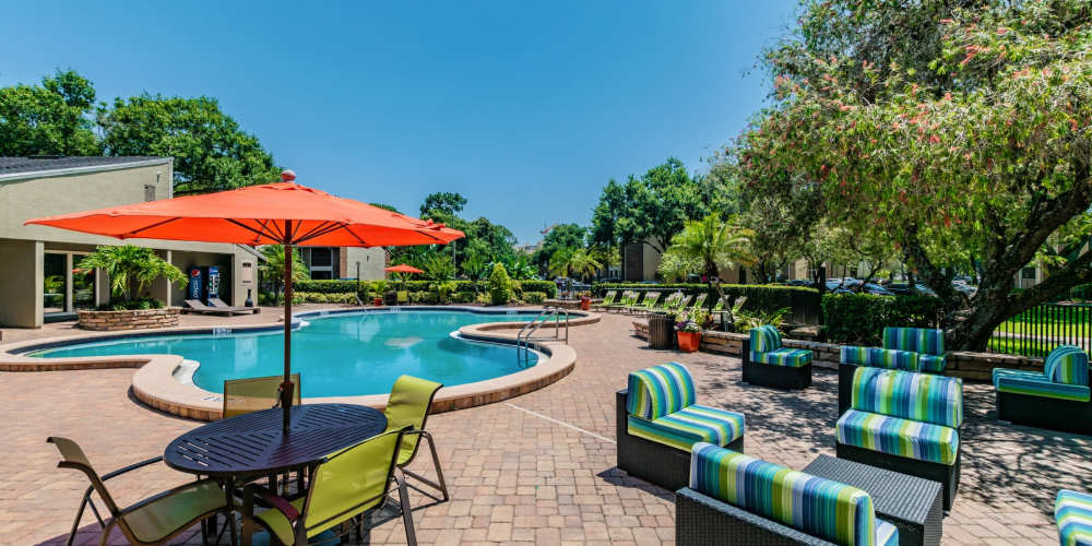 Community inground pool with patio seating at Legend Oaks in Tampa, Florida