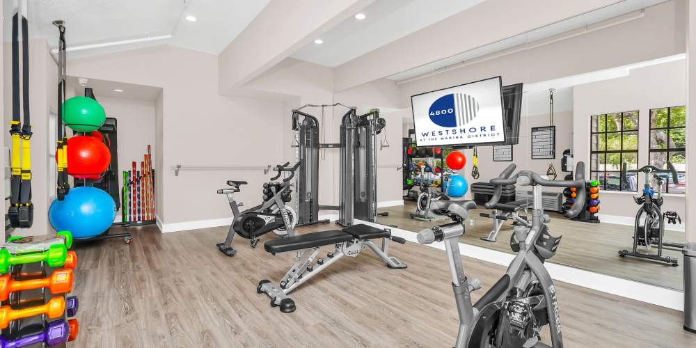 Large yoga room with weights and cardio equipment at 4800 Westshore in Tampa, Florida