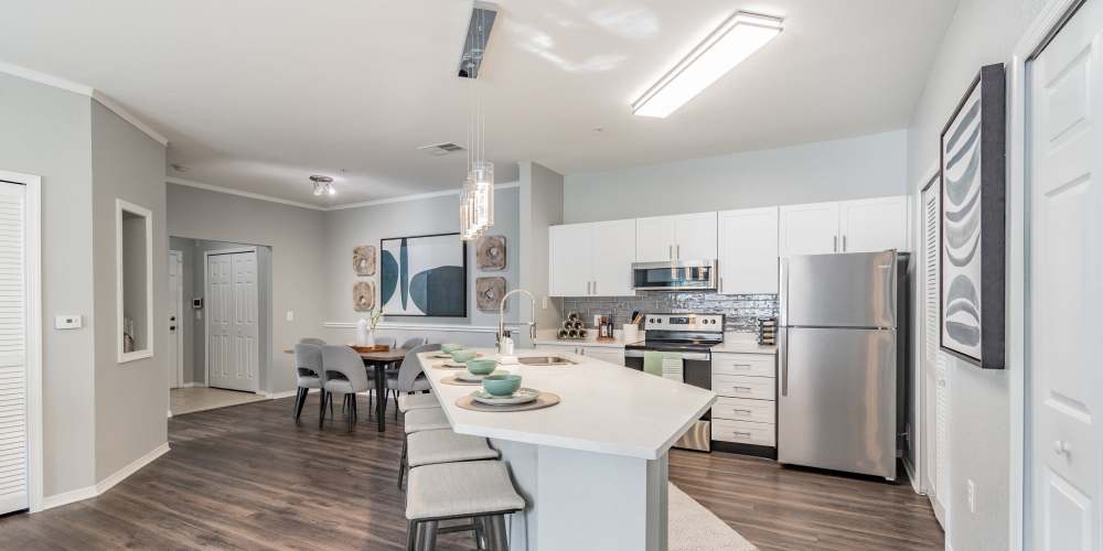Spacious apartment kitchen with stainless steel appliances at The Parq at Cross Creek in Tampa, Florida