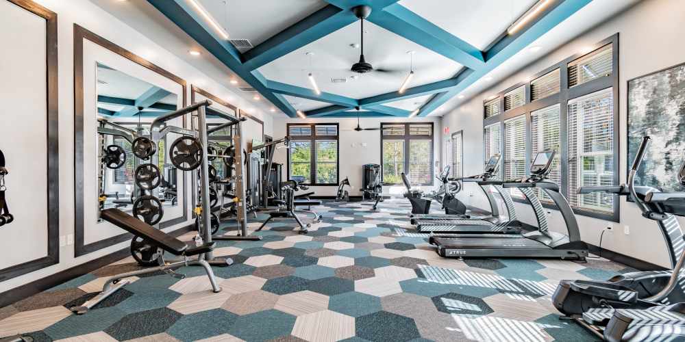 Community fitness center with cardio and weight machines at Vue on Lake Monroe in Sanford, Florida