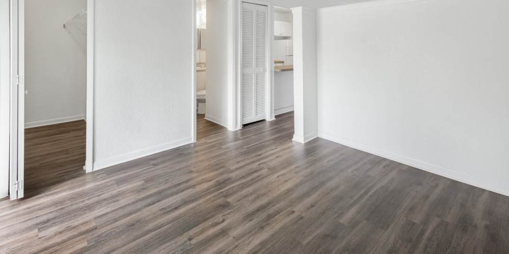 Spacious bedroom with hardwood floors and walk-in closet at Windward Apartments in Orlando, Florida