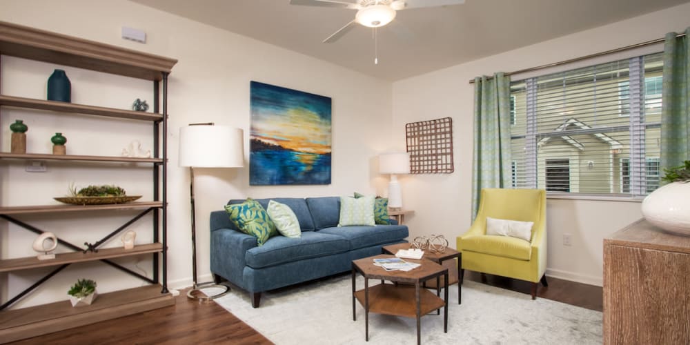 A furnished apartment living room at Cottages at Emerald Cove in Savannah, Georgia