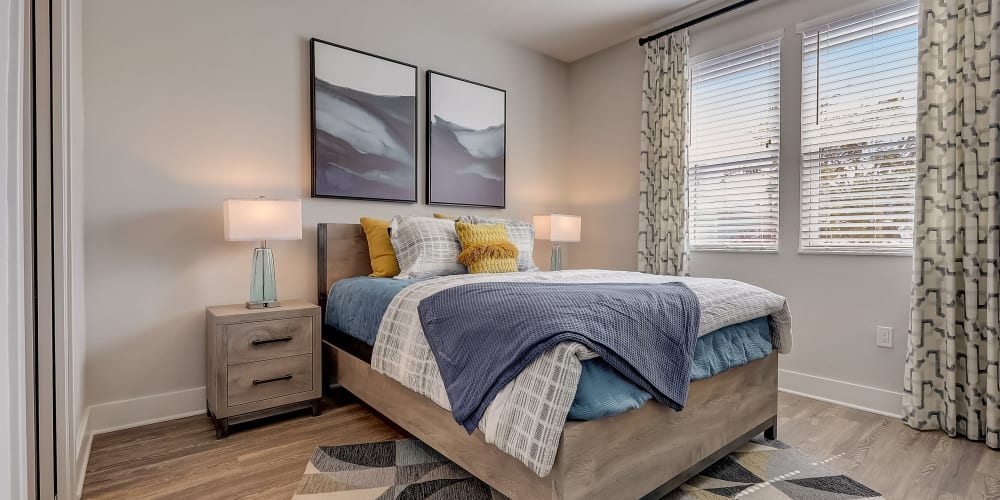 Wood flooring in an apartment bedroom at Mallory Square at Lake Nona in Orlando, Florida