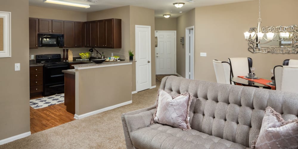 Apartment living room and kitchen at Channel Family in Hanahan, South Carolina