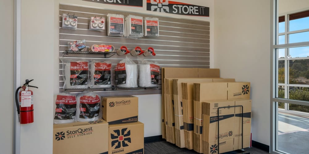 Interior of the leasing office with packing supplies available at StorQuest Express Self Service Storage in Copperopolis, California