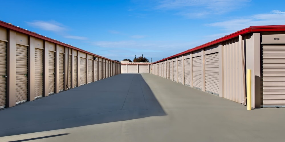 Outdoor drive-up storage units at StorQuest Self Storage in Ceres, California