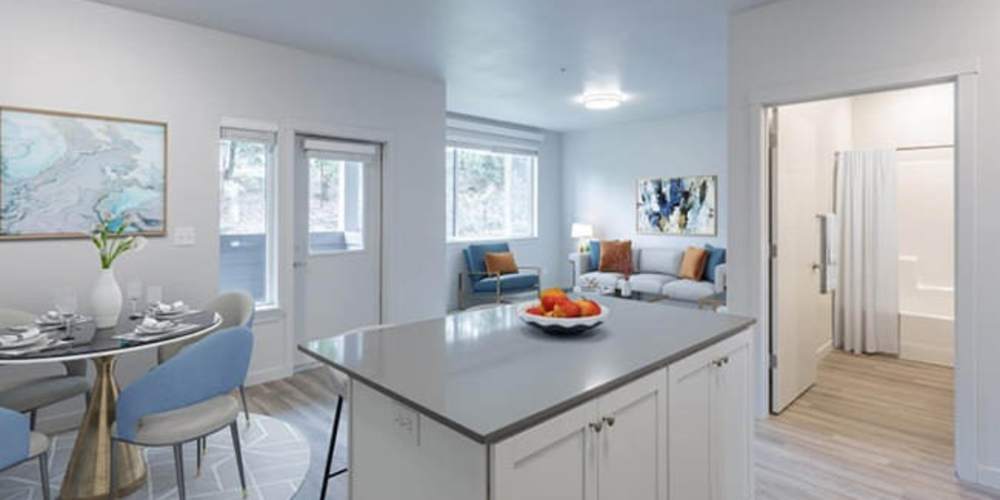 Kitchen island in an apartment kitchen at 5 Points Apartments in Vancouver, Washington