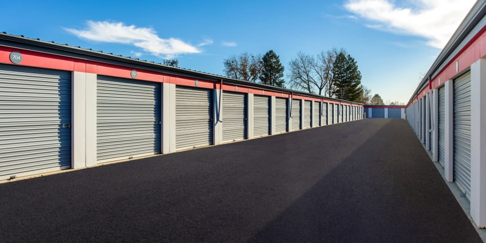 Outdoor drive-up storage units at StorQuest Economy Self Storage in Aurora, Colorado