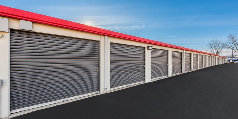Outdoor drive-up storage units at StorQuest Economy Self Storage in Lewis Center, Ohio