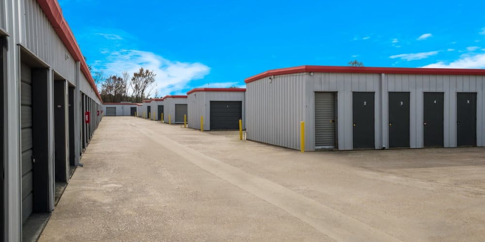 Outdoor drive-up storage units at StorQuest Economy Self Storage in Brandon, Mississippi