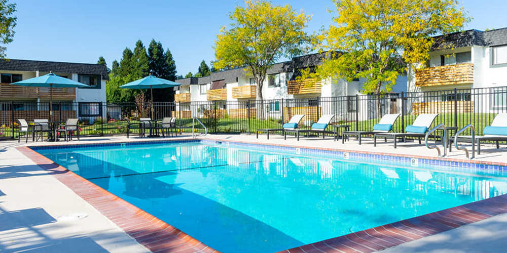Pool deck and loungers at The Lenox in Rohnert Park, California
