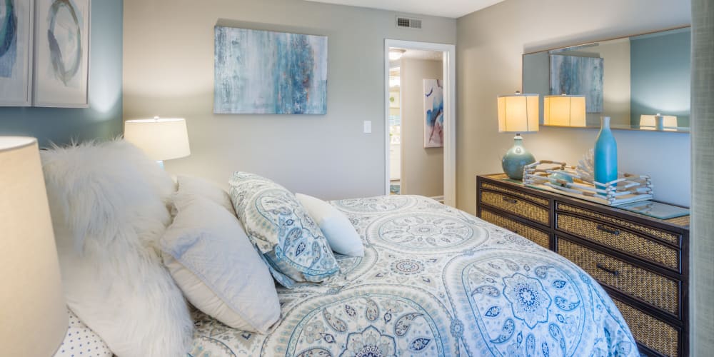 A decorated apartment bedroom at 226 Oceana in Virginia Beach, Virginia