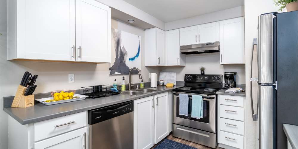 Apartment hallway kitchen at Treeline 604 in Vancouver, Washington