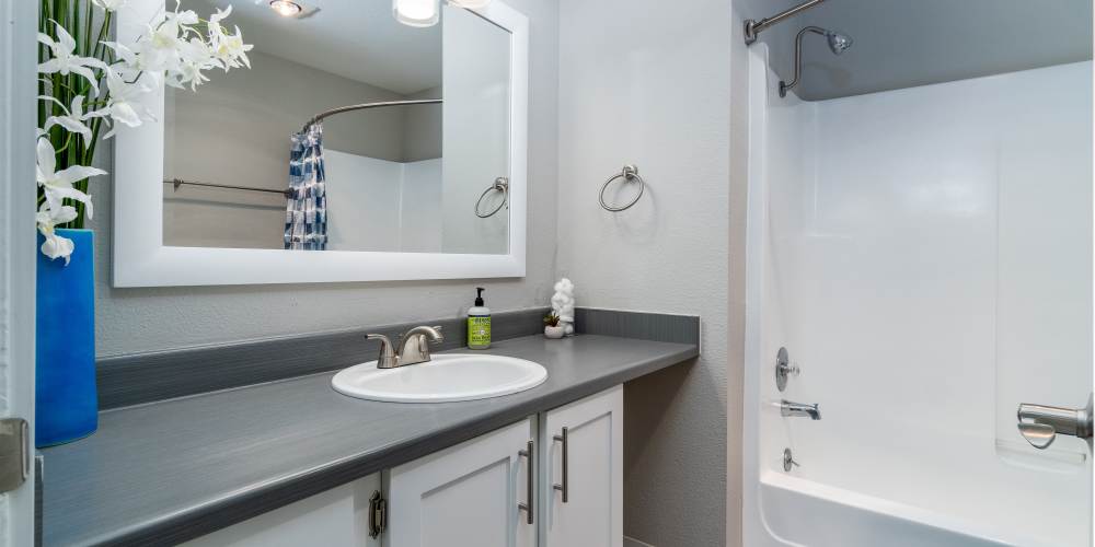 Apartment bathroom with a wide counter and framed mirror at Treeline 604 in Vancouver, Washington