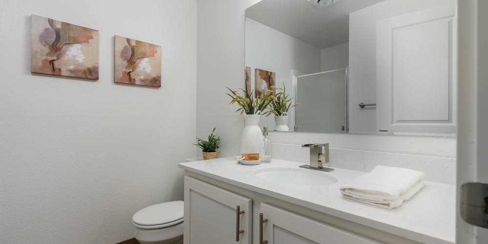 Apartment bathroom with a long countertop and wide mirror at Terra @ Monroe in Monroe, Washington