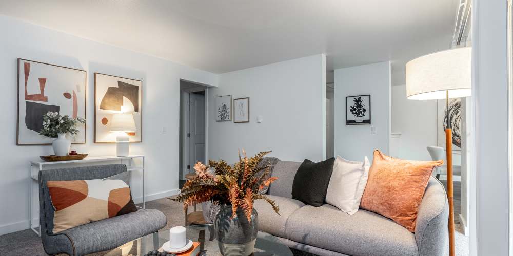 Model apartment living room at Terra @ Monroe in Monroe, Washington