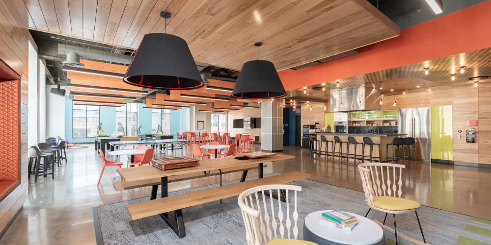 Seating in the community clubhouse at Crocker Park Living in Westlake, Ohio