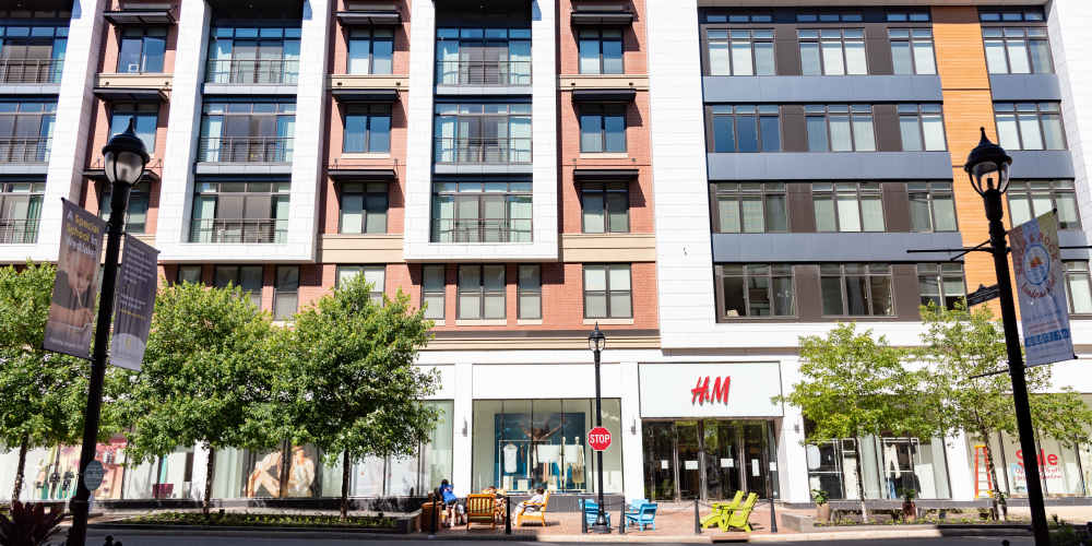 Exterior of apartments and shops at Crocker Park Living in Westlake, Ohio