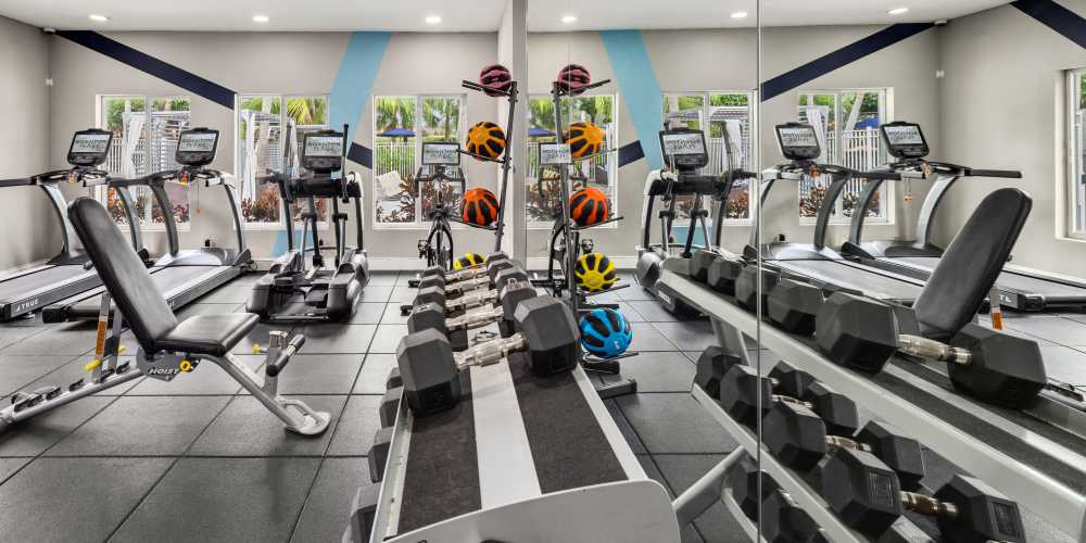 Community fitness center with weight machines at Boynton Place Apartments in Boynton Beach, Florida