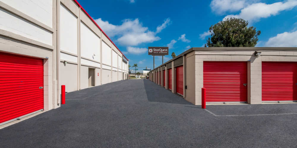 Outdoor drive-up self storage units at StorQuest Self Storage in Long Beach, California
