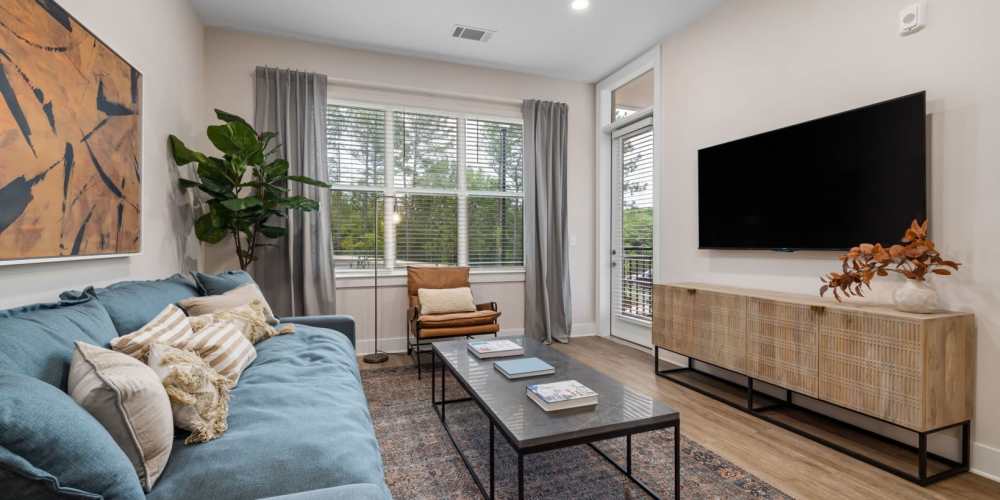 Living space with large rug and TV Ashby at Twin Lakes in Morrisville, North Carolina