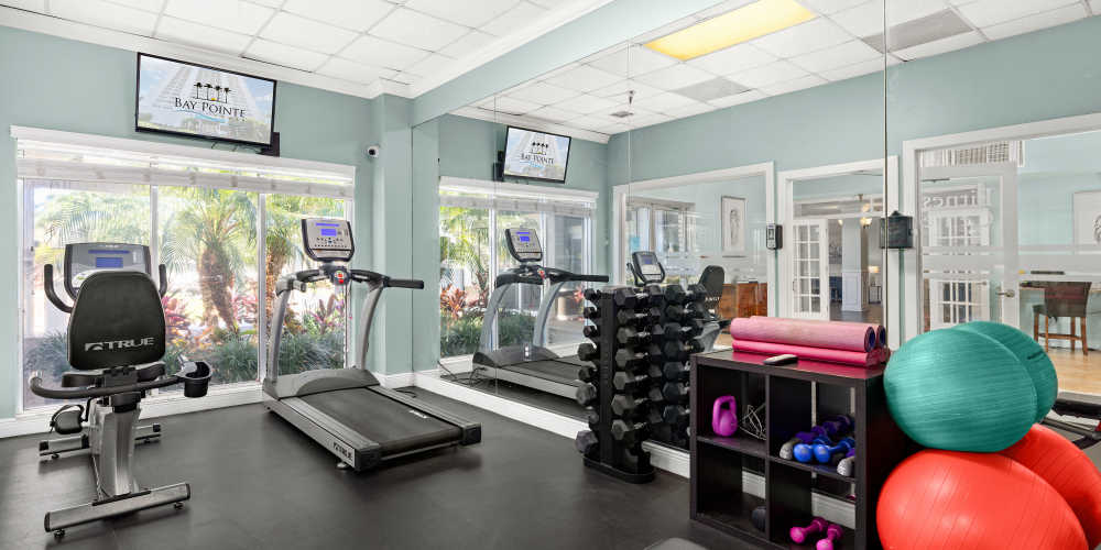 Community fitness center with free weights and cardio at Bay Pointe Tower in South Pasadena, Florida