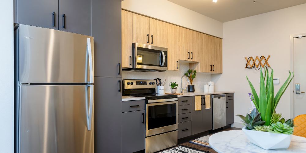 Apartment kitchen with stainless-steel appliances at Sandy Lofts in Portland, Oregon