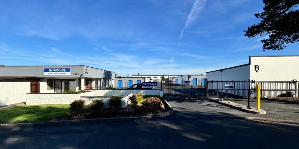 Property entrance and driveway at Parkside Mini Storage and RV in Beaverton, Oregon