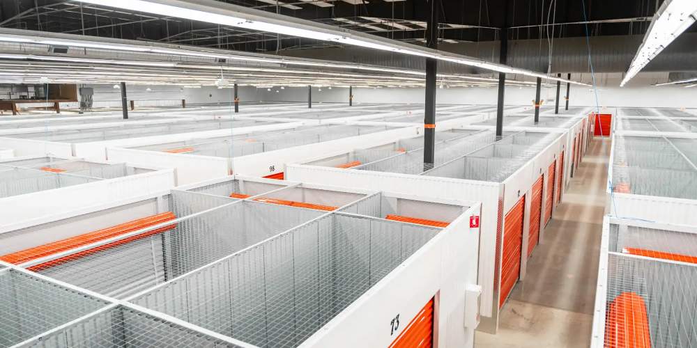 Orange doors on storage units at Mega Storage in Albany, Oregon