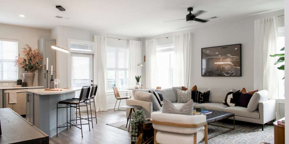 Living room and kitchen island at The Prospect in Charlotte, North Carolina