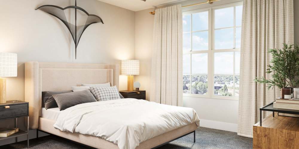 Spacious bedroom with a bed, side lamps and a large windows at The Prospect in Charlotte, North Carolina
