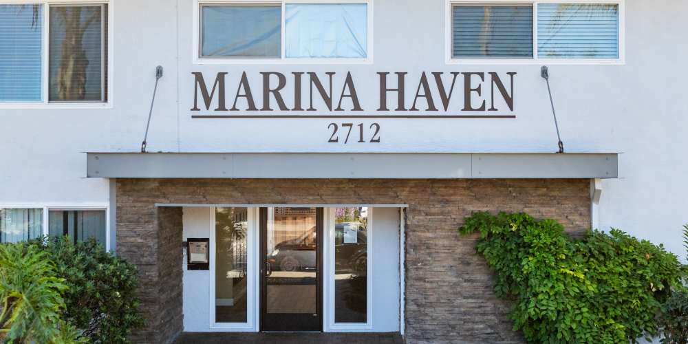 Beautiful facade to the apartments at Marina Haven Apartments in San Leandro, California