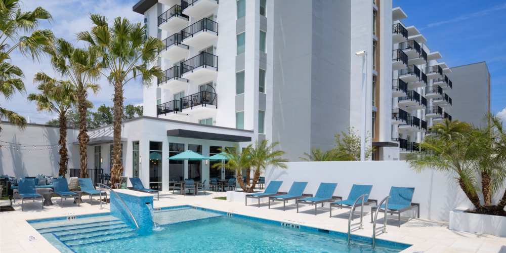 The sparkling community swimming pool at RainDance in Winter Haven, Florida 