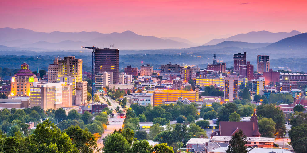 Areial view of downtown Asheville 15 minutes from Haven at Enka Lake in Candler, North Carolina