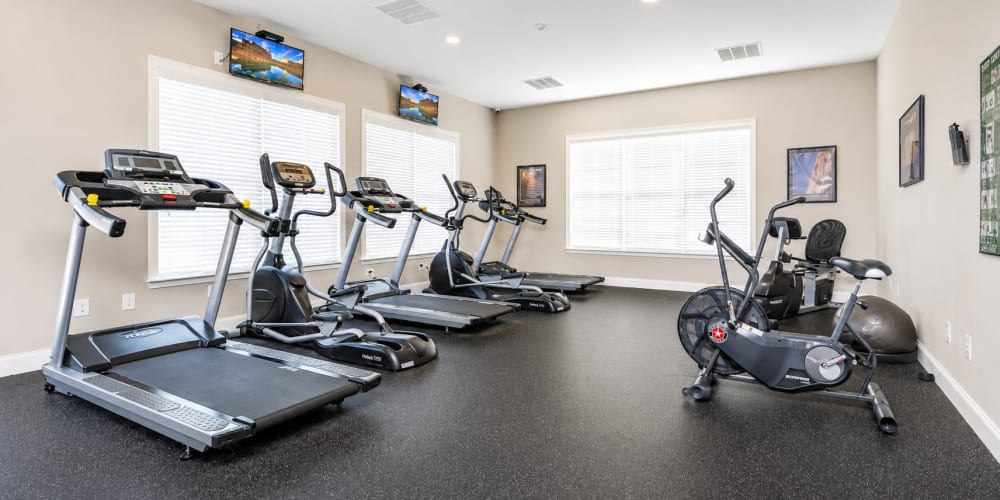 Fitness center with treadmills and windows at Villas at Fort Mill in Fort Mill, South Carolina