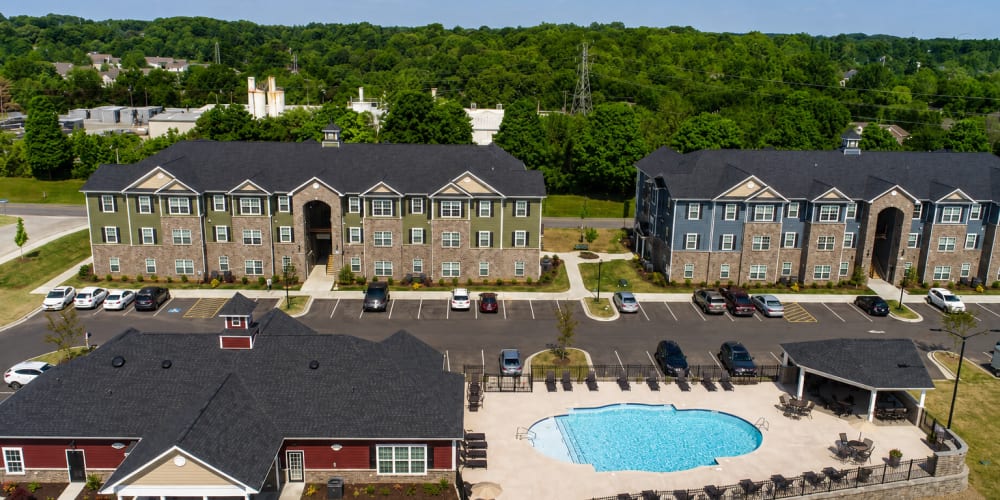 Drone shot of the clubhouse with pool at Villas at Fort Mill in Fort Mill, South Carolina