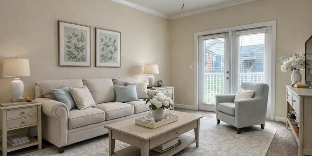 Furnished bright open living room area at Groves at Peach Orchard in Belmont, North Carolina