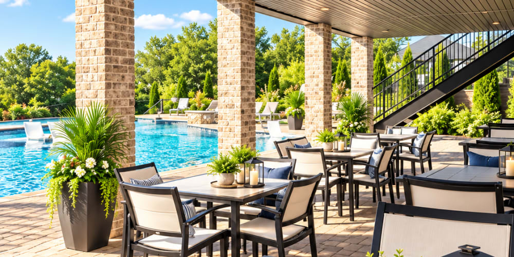 Sundeck by the pool with tables and chairs at West Edge in Lynchburg, Virginia