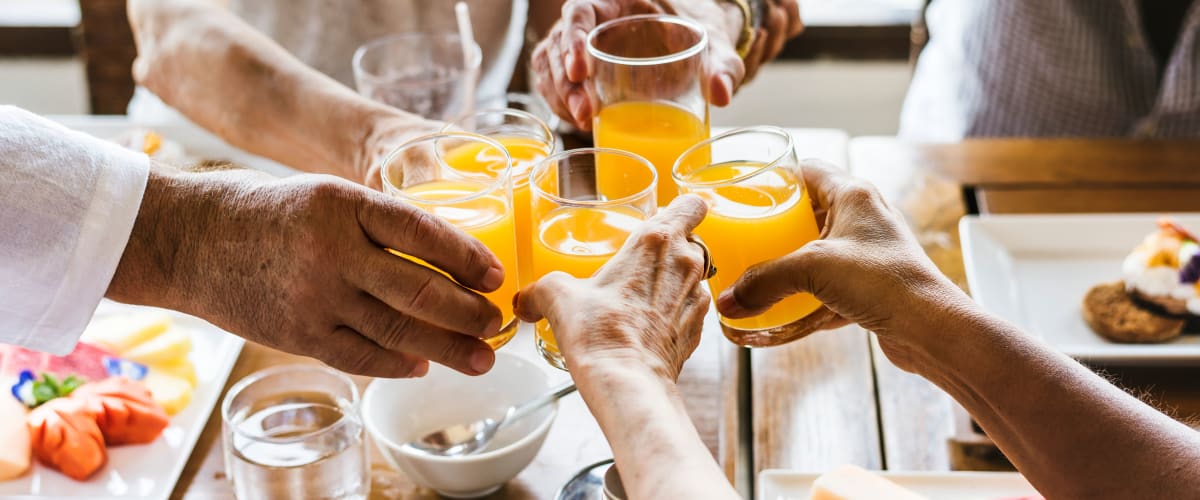 Seniors toasting with orange juice over breakfast