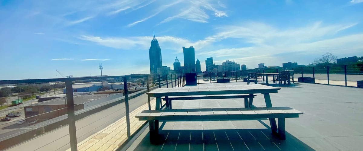 Rooftop deck with picnic tables and view of city skyline at The Gateway Apartments in Mobile, Alabama