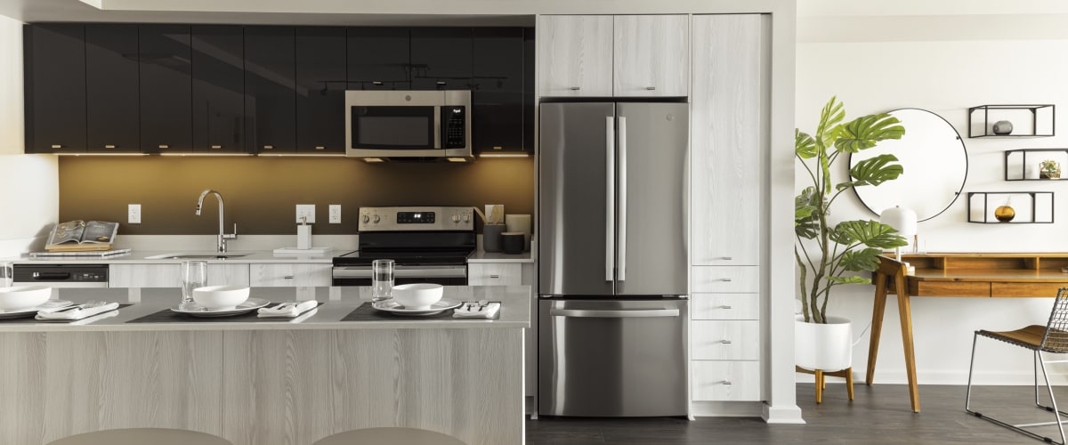 Interior view of kitchen wih stainless steel appliances and hardwood style plank flooring at Solaire 8200 Dixon in Silver Spring, Maryland