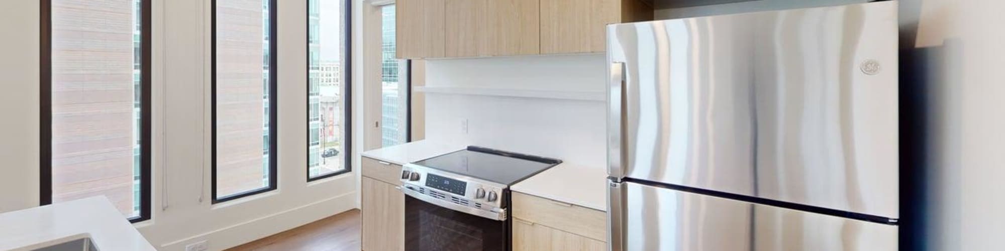 Kitchen with cool windows at Residences at 111 Lyon in Grand Rapids, Michigan
