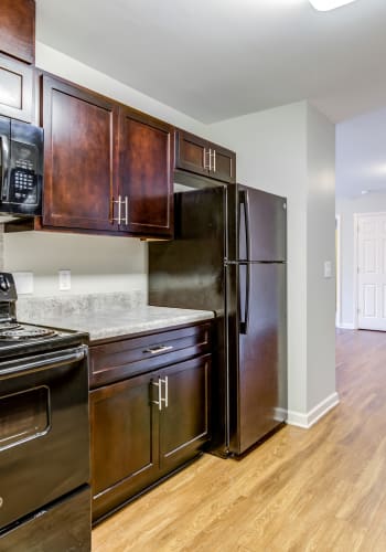 Model kitchen with wood cabinets at Centra Square in Charlotte, North Carolina