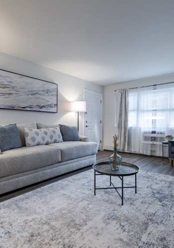 Living room with large area rug and sofa at Park Apartments in Bordentown, New Jersey