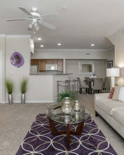 Spacious living room with a comfortable couch, ceiling fan and a coffee table at Northchase Village in Houston, Texas